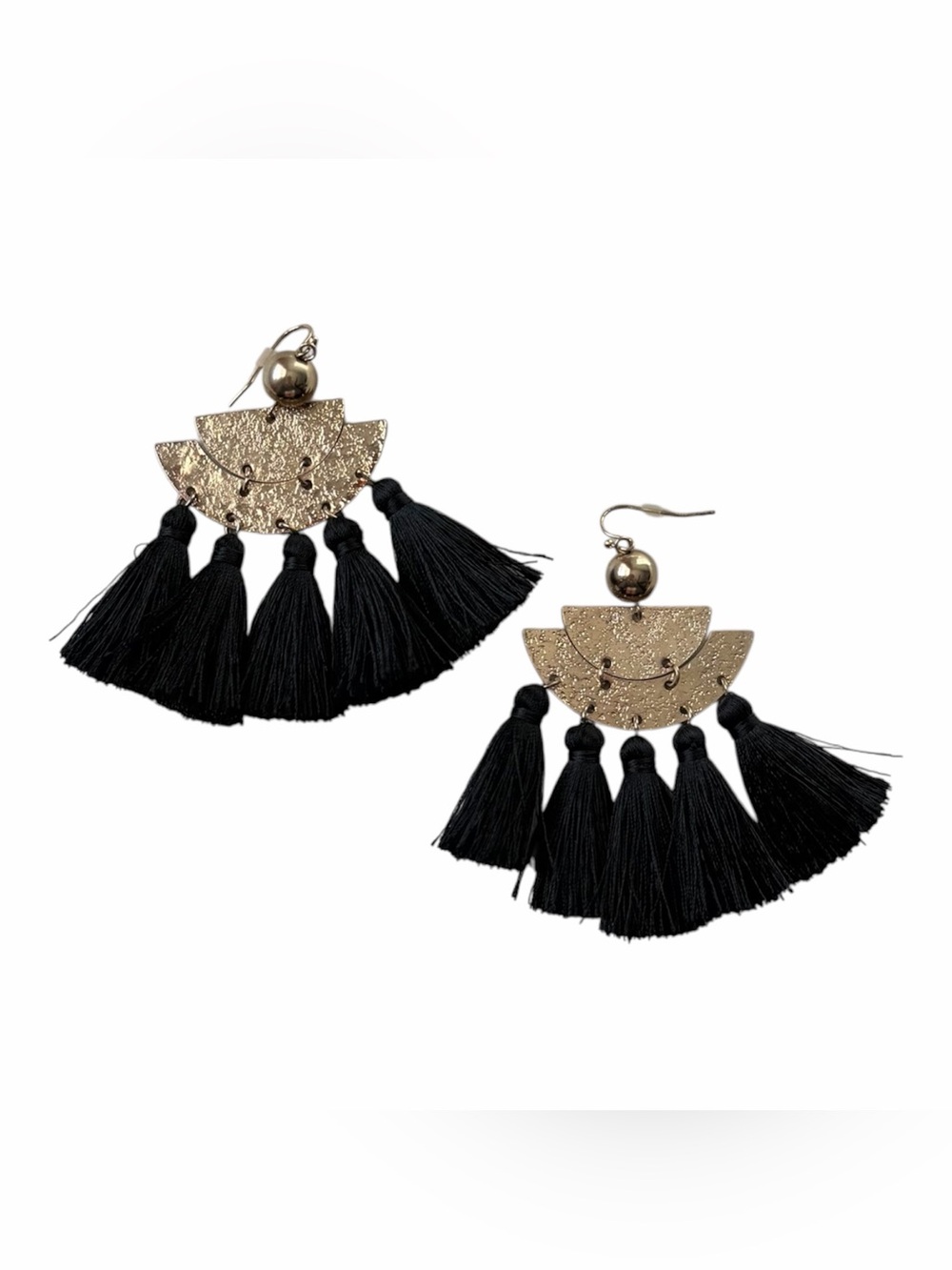 Black Tassel Fringe Statement Earrings Boho Gold NWOT